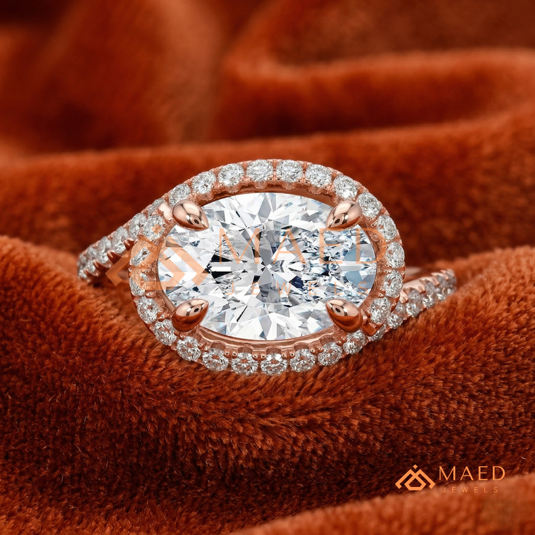 East-West Oval Cut Halo Engagement Ring | Bypass Pavé Band in 14K Gold, Rose Gold & Sterling Silver