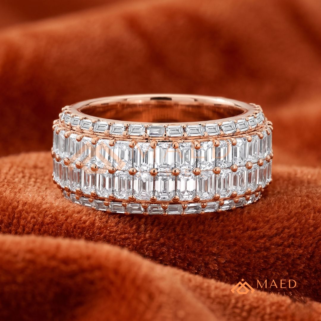 Multi-Row Emerald Cut Diamond Eternity Band in Silver, 14K Yellow & Rose Gold