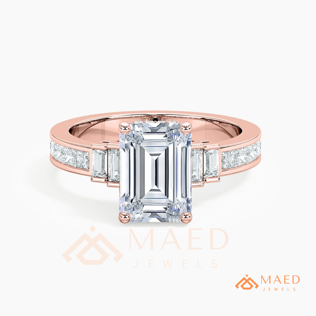 Emerald Cut Three-Stone Ring with Baguette and Channel Princess Band in Silver, 14K Gold, & 14K Rose Gold