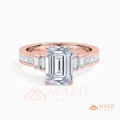 Emerald Cut Three-Stone Ring with Baguette and Channel Princess Band in Silver, 14K Gold, & 14K Rose Gold