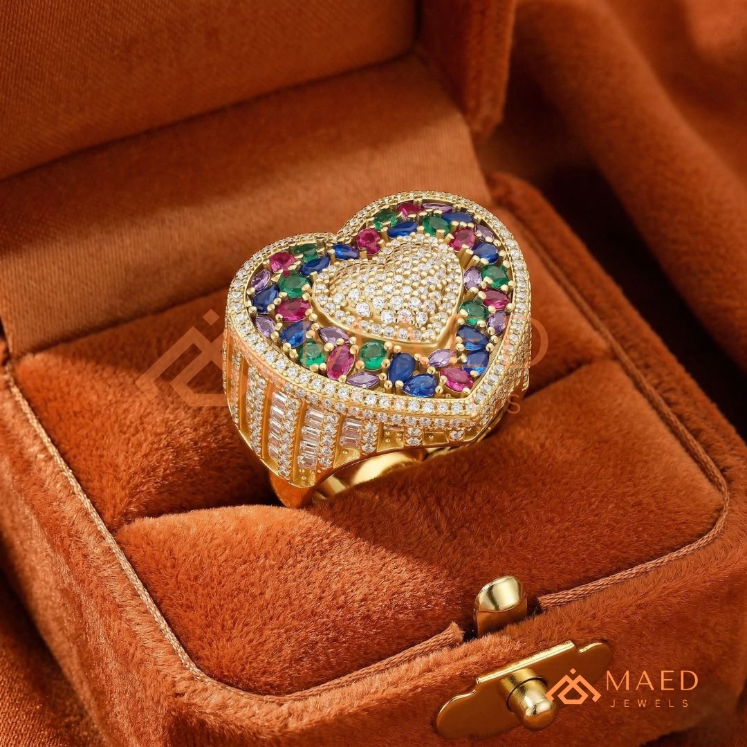 Luxury Multi-Color Iced Heart Statement Ring – 925 Silver, 14K Gold & Rose Gold