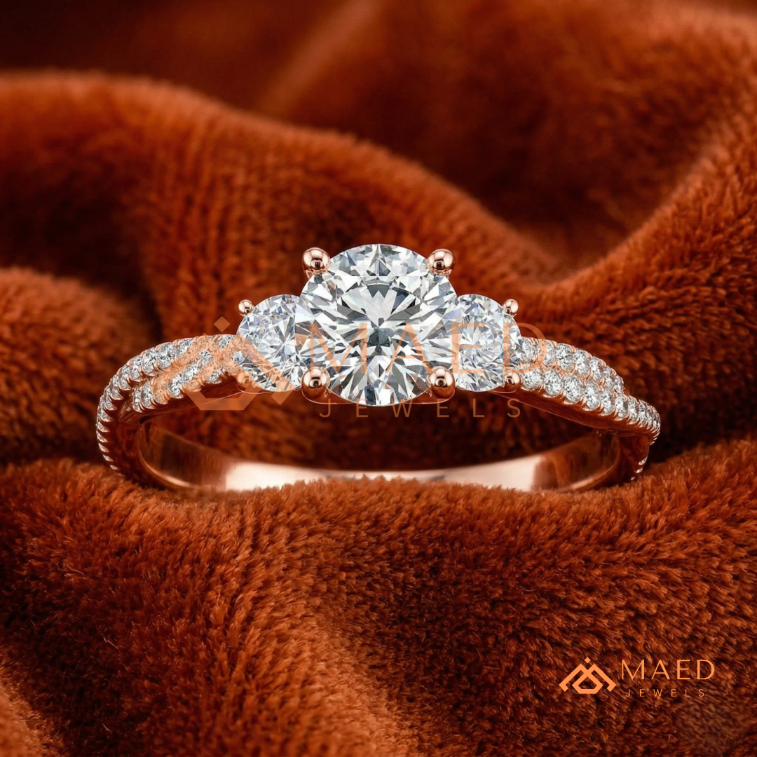 Round Cut 3-Stone Engagement Ring with Twisted Pavé Band in Silver, 14K Gold, & 14K Rose Gold