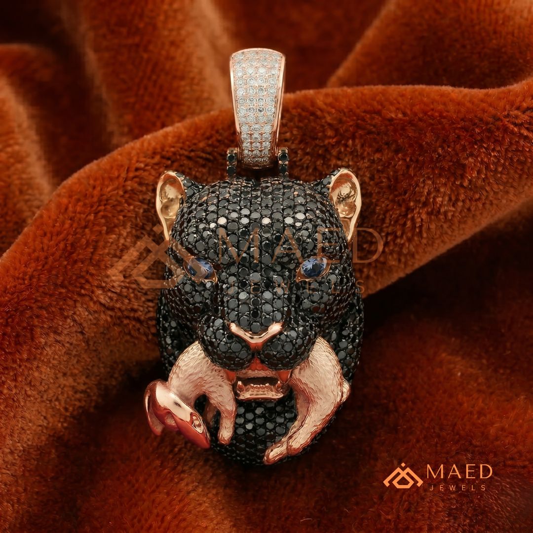 Black Diamond Panther Head Pendant in Sterling Silver, 14K Gold & Rose Gold