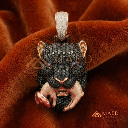 Black Diamond Panther Head Pendant in Sterling Silver, 14K Gold & Rose Gold