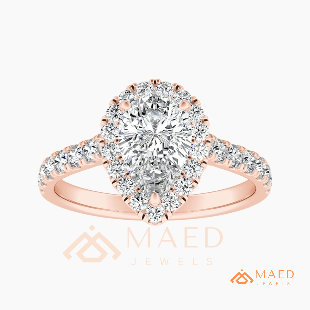 Pear Cut Halo Engagement Ring with Pave Band