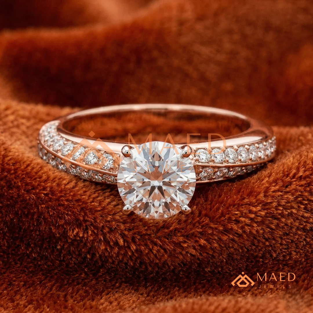 Round Brilliant Cut Ring with Double Row Pavé Band | 14k Gold, Rose Gold & Silver