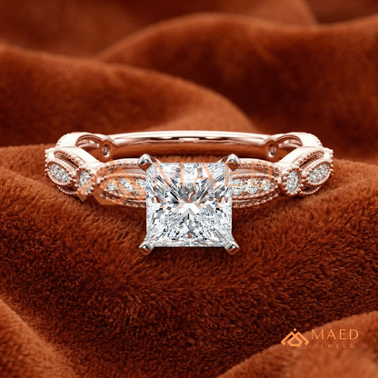 Princess Cut Vintage Engagement Ring in 14K Gold, Rose Gold & Silver | Antique Milgrain Pave Moissanite Ring for Women