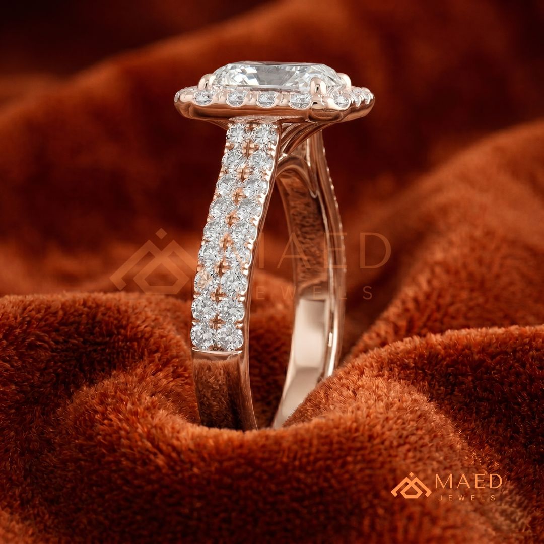 Radiant Cut Halo Engagement Ring with Pavé Band – Sterling Silver, 14K Gold, or 14K Rose Gold