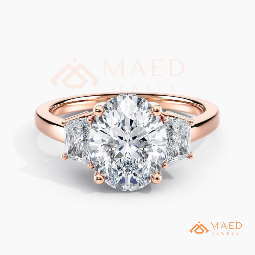 Classic Oval Cut 3-Stone Engagement Ring with Trapezoid Side Gems