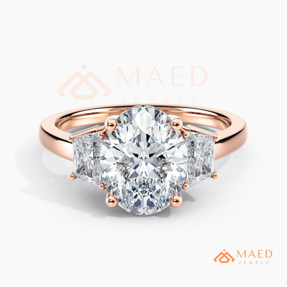 Classic Oval Cut 3-Stone Engagement Ring with Trapezoid Side Gems