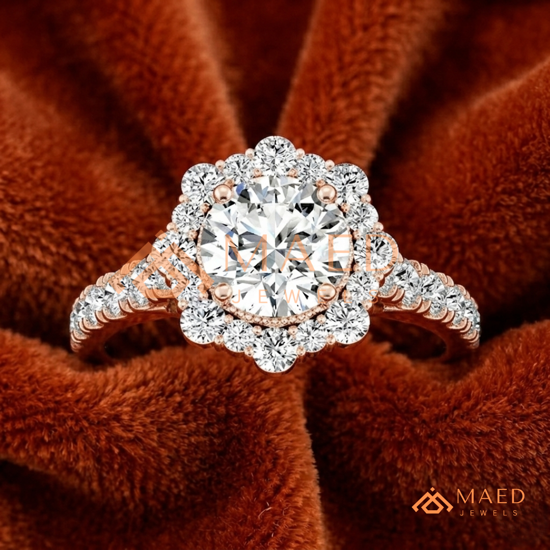 Round-Cut Halo Engagement Ring with Marquise-Accented Side Stones
