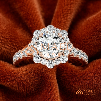 Round-Cut Halo Engagement Ring with Marquise-Accented Side Stones