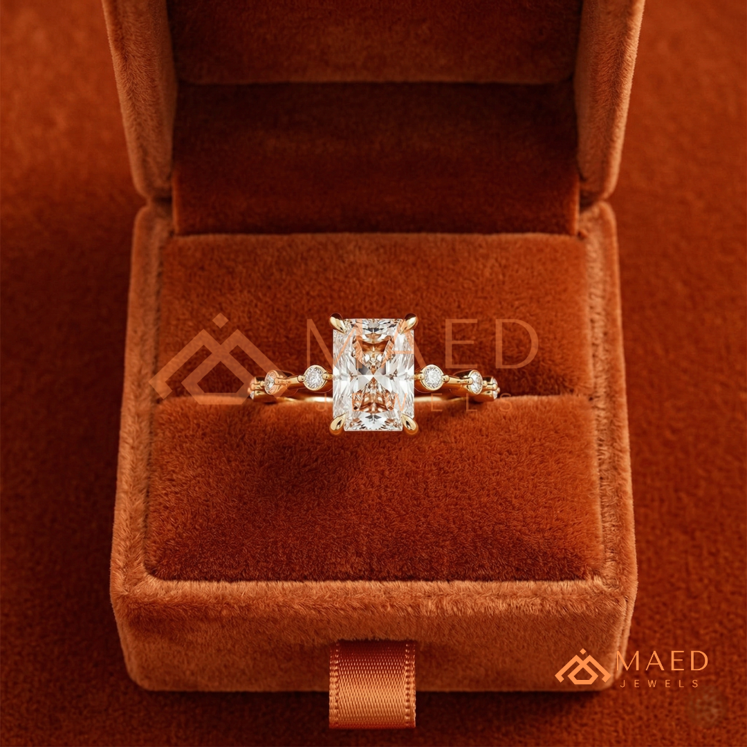 Radiant Cut Moissanite Engagement Ring in Sterling Silver, 14K Gold & Rose Gold | Art Deco Bezel-Set Accent Band