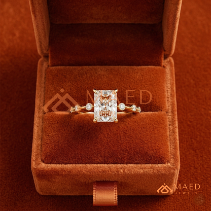 Radiant Cut Moissanite Engagement Ring in Sterling Silver, 14K Gold & Rose Gold | Art Deco Bezel-Set Accent Band
