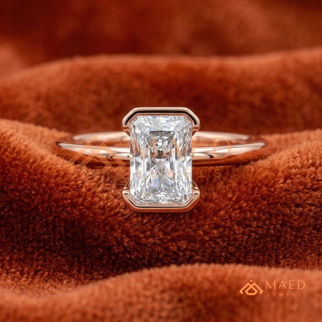 The Rowan Radiant Half-Bezel Engagement Ring – Silver, 14K Yellow & Rose Gold