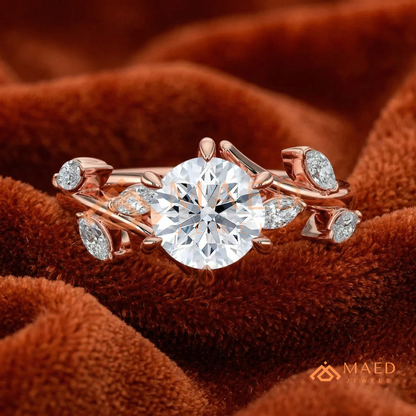 Nature Inspired Round Moissanite Engagement Ring, 6-Prong Marquise Leaf Twig Wedding Ring in Silver, 14K Gold & Rose Gold