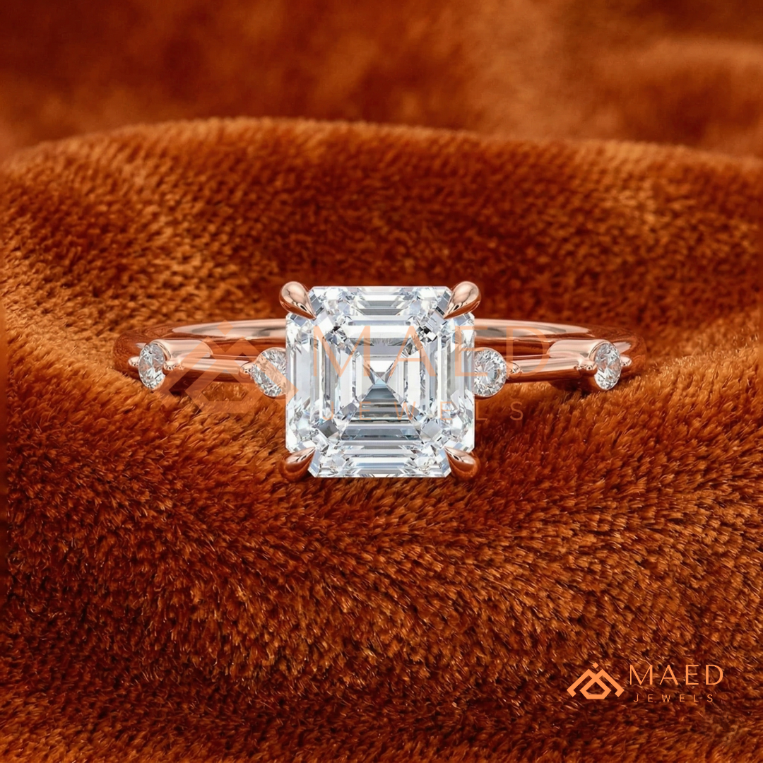 Asscher Cut Engagement Ring with Accent Stones | Vintage Art Deco Promise Ring | 14K Gold, Rose Gold & Sterling Silver