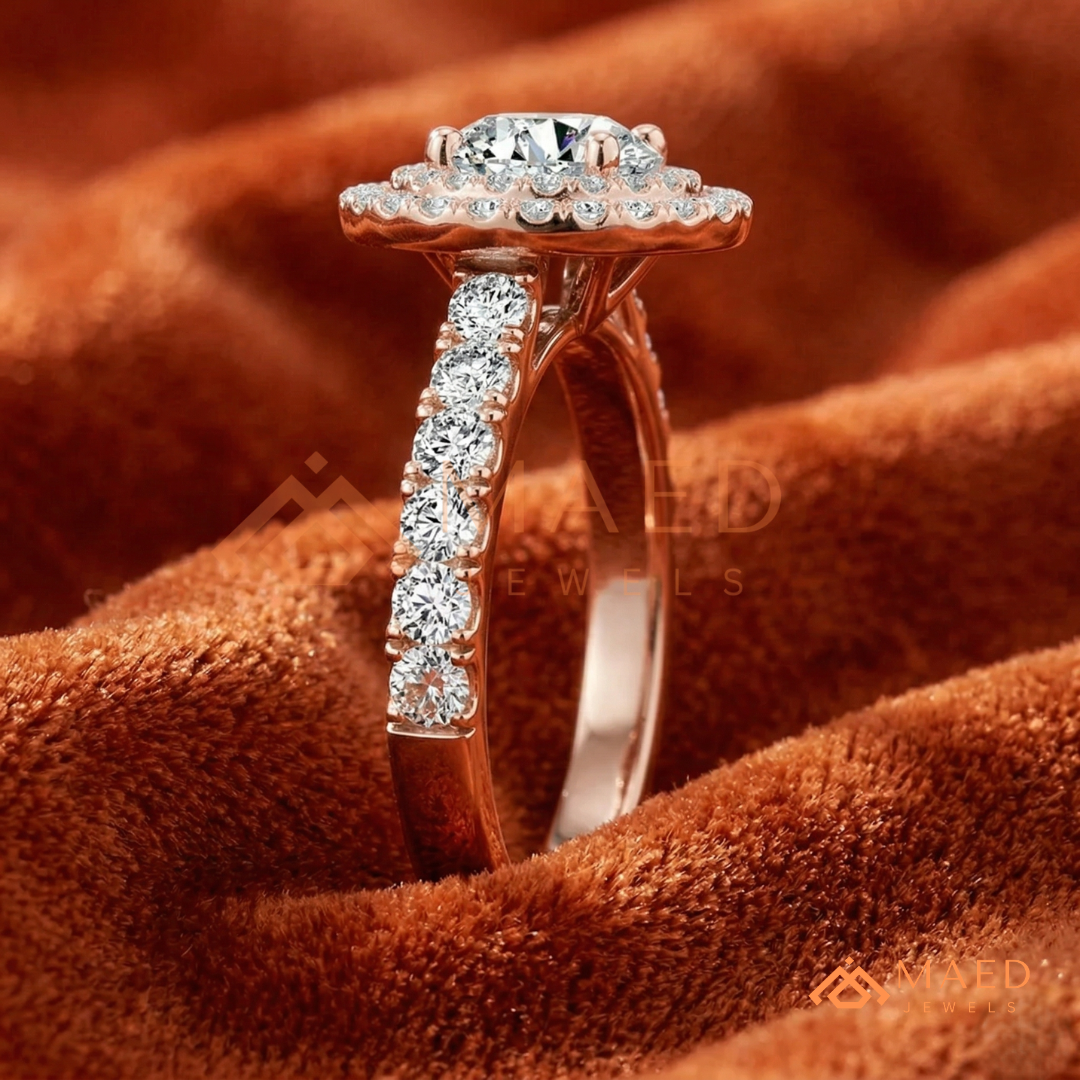 Double Halo Round Brilliant Engagement Ring with Pavé Band – Sterling Silver, 14K Gold, or 14K Rose Gold