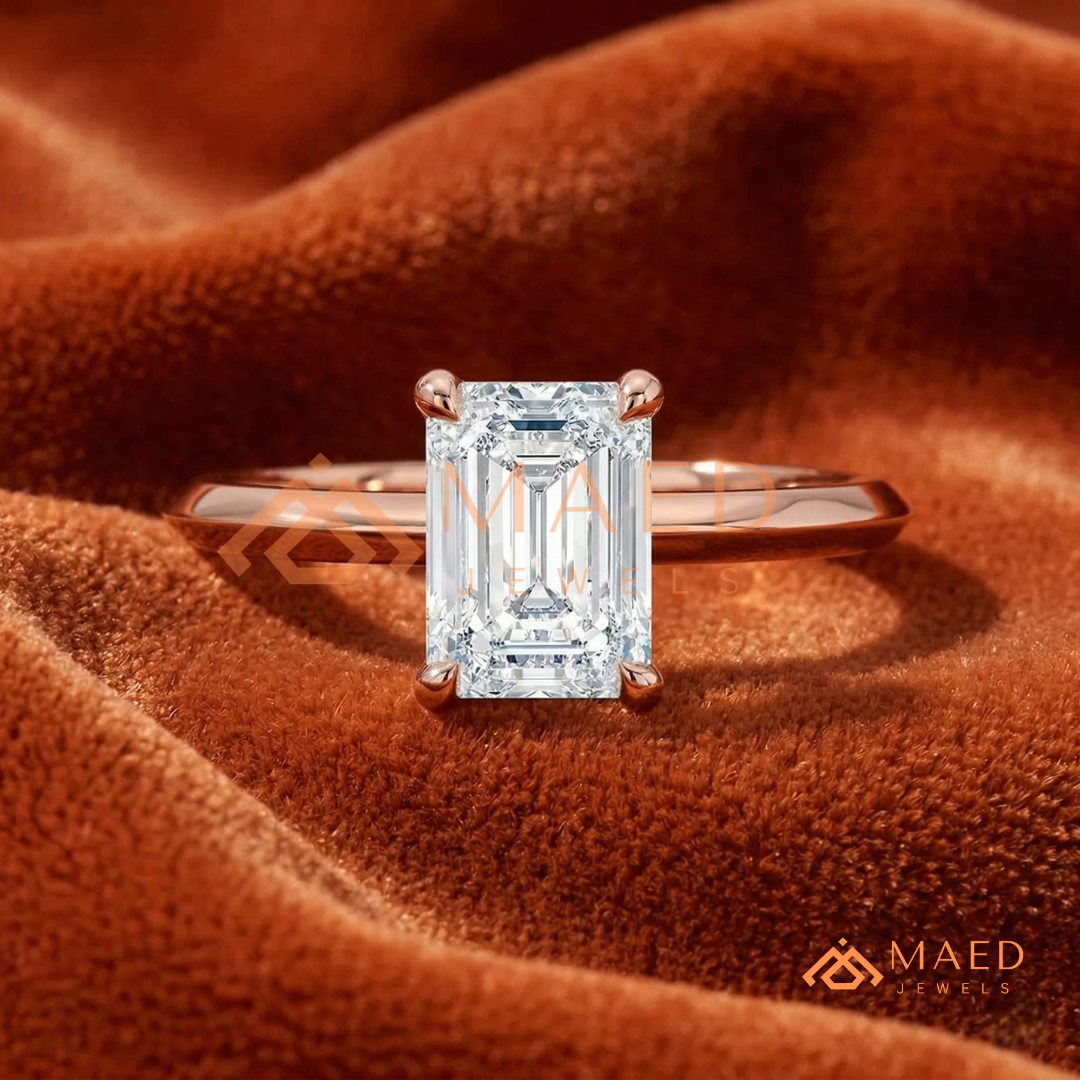 Classic Emerald Cut Solitaire Engagement Ring with Knife-Edge Band in Silver, 14K Gold & Rose Gold