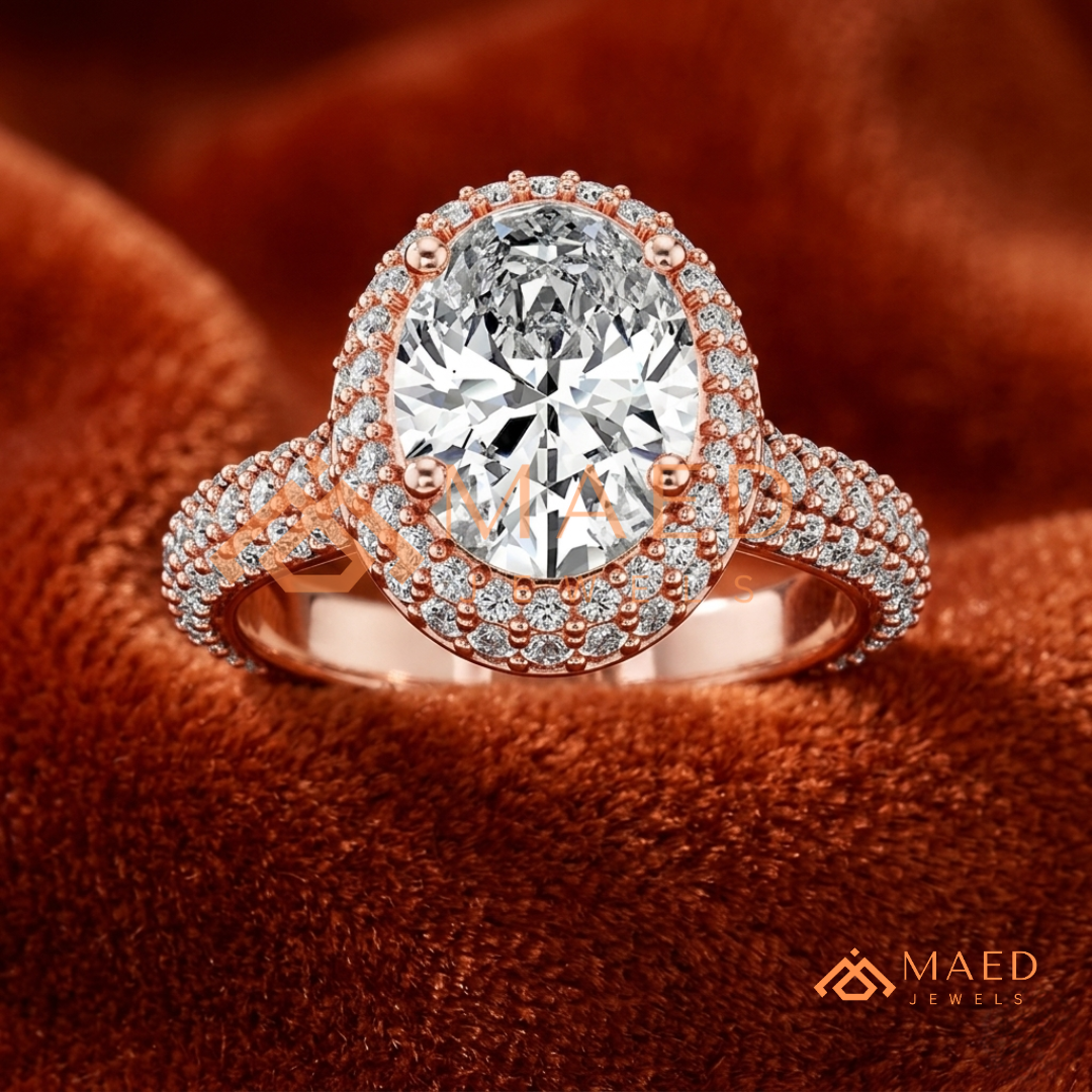 Radiant Oval Double Halo Engagement Ring with Multi-Row Pavé Band