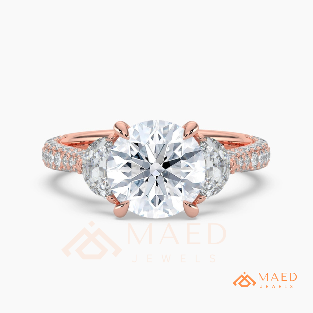 Round Brilliant and Half Moon Three Stone Ring | Multi-Row Pavé Band in 14k Gold & Silver