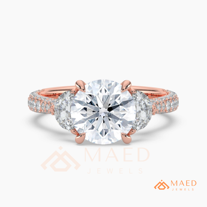 Round Brilliant and Half Moon Three Stone Ring | Multi-Row Pavé Band in 14k Gold & Silver