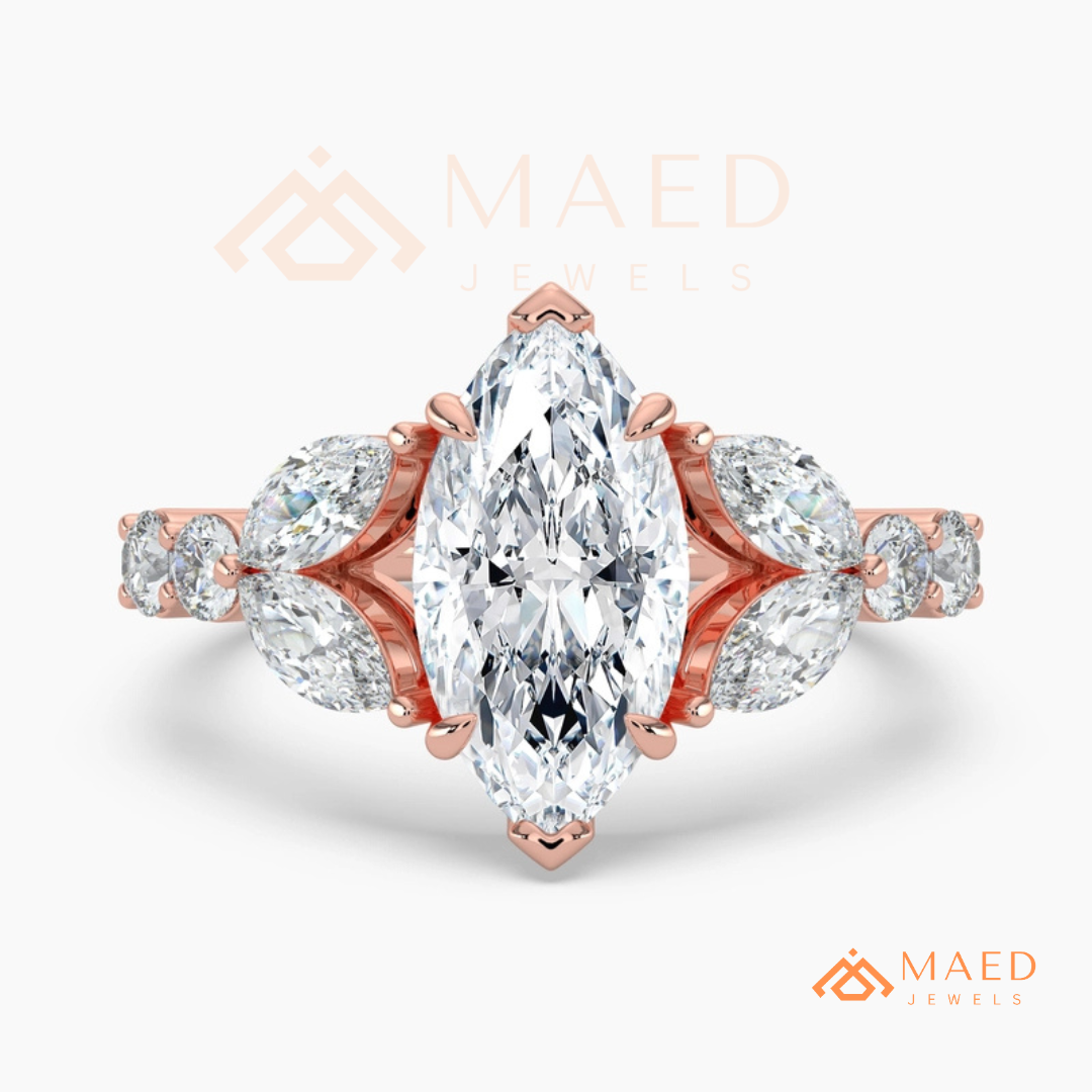 Marquise Cut Leaf Cluster Engagement Ring | 14k Gold, Rose Gold & Sterling Silver