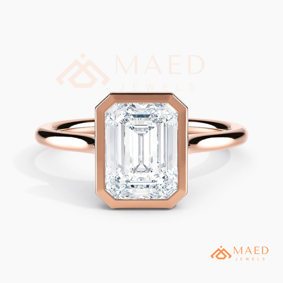 Modern Emerald Cut Solitaire Bezel Engagement Ring in Silver, 14K Gold & Rose Gold