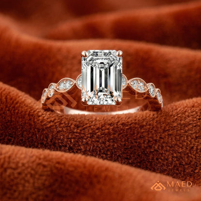 merald Cut Diamond Simulant Vintage Milgrain Ring (14k Gold & Sterling Silver)