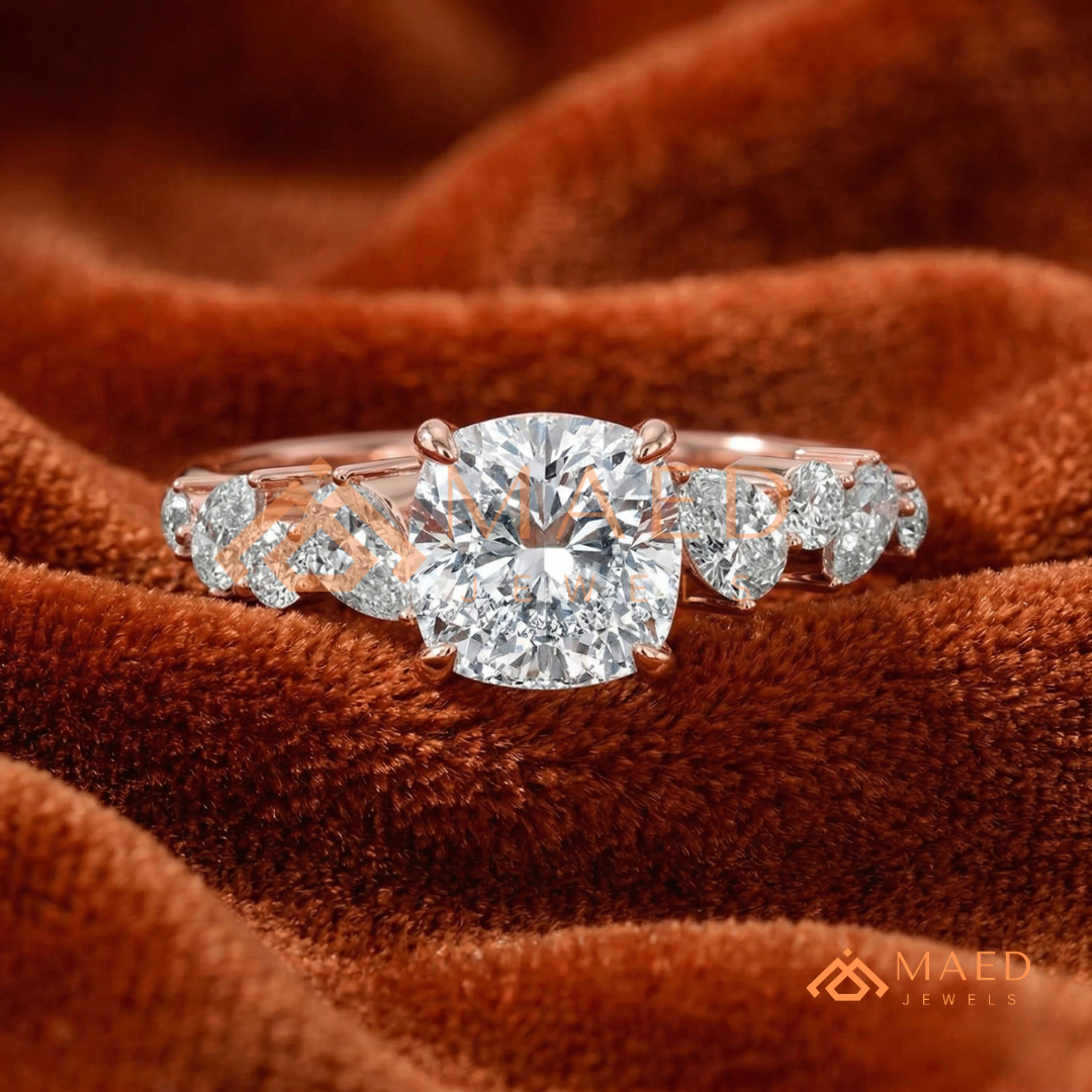 Cushion Cut Engagement Ring with Pear Accent Band in Silver, 14K Gold, & 14K Rose Gold