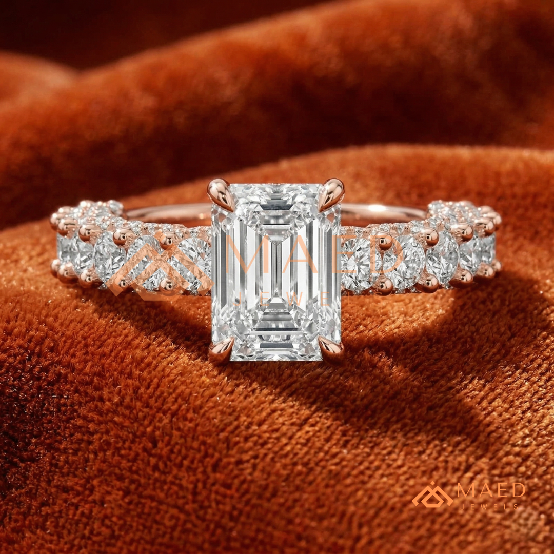 Emerald Cut Engagement Ring with Large Round Accent Band in Silver, 14K Gold, & 14K Rose Gold