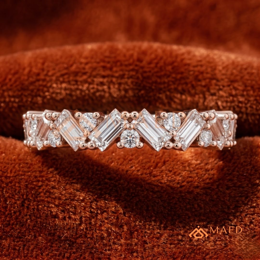 Angled Baguette & Round Cut Chevron Wedding Band | Crown Moissanite Tiara Ring in Silver, 14K Gold, & Rose Gold