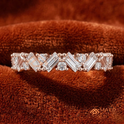 Angled Baguette & Round Cut Chevron Wedding Band | Crown Moissanite Tiara Ring in Silver, 14K Gold, & Rose Gold