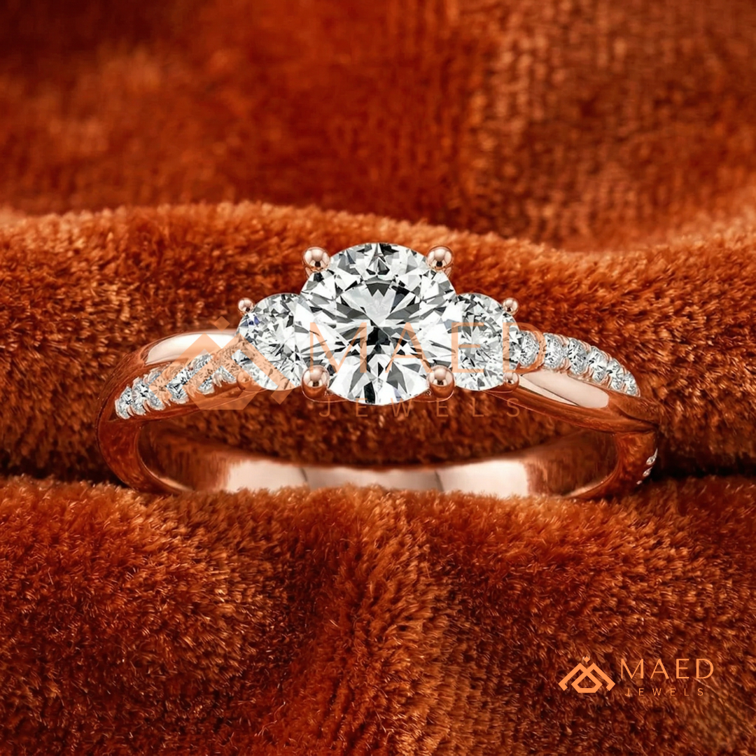 Classic 3-Stone Twisted Pavé Diamond Simulant Ring in Gold, Rose Gold & Silver
