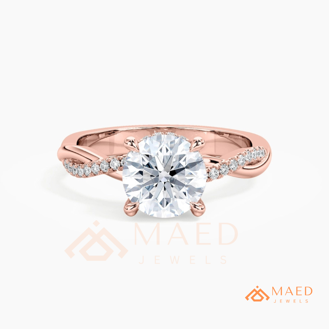 Round Cut Engagement Ring with Twisted Pavé Band in Silver, 14K Gold, & 14K Rose Gold