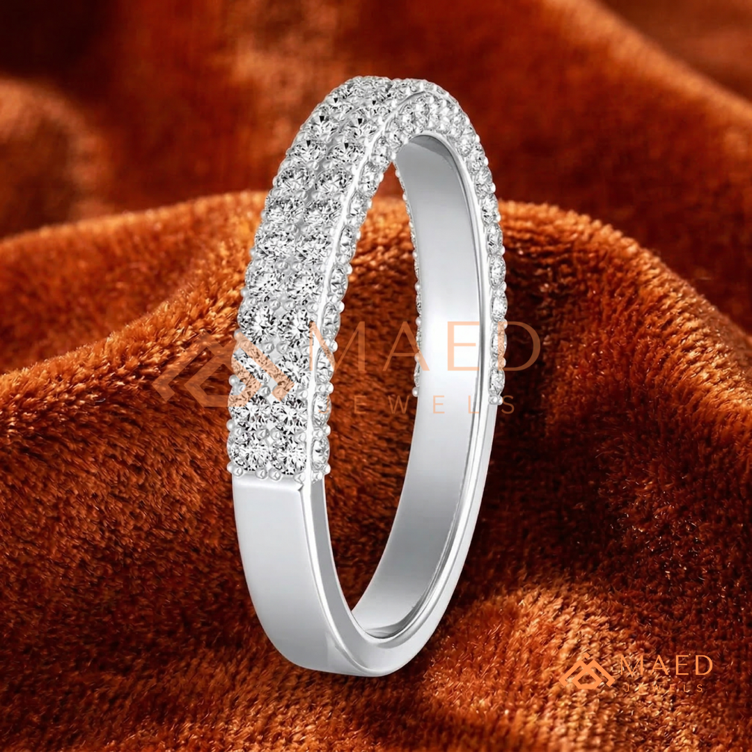 Double Row Pavé Diamond Wedding Band | 2-Row Micro-Pavé Anniversary Ring in Silver, 14K Gold, & Rose Gold