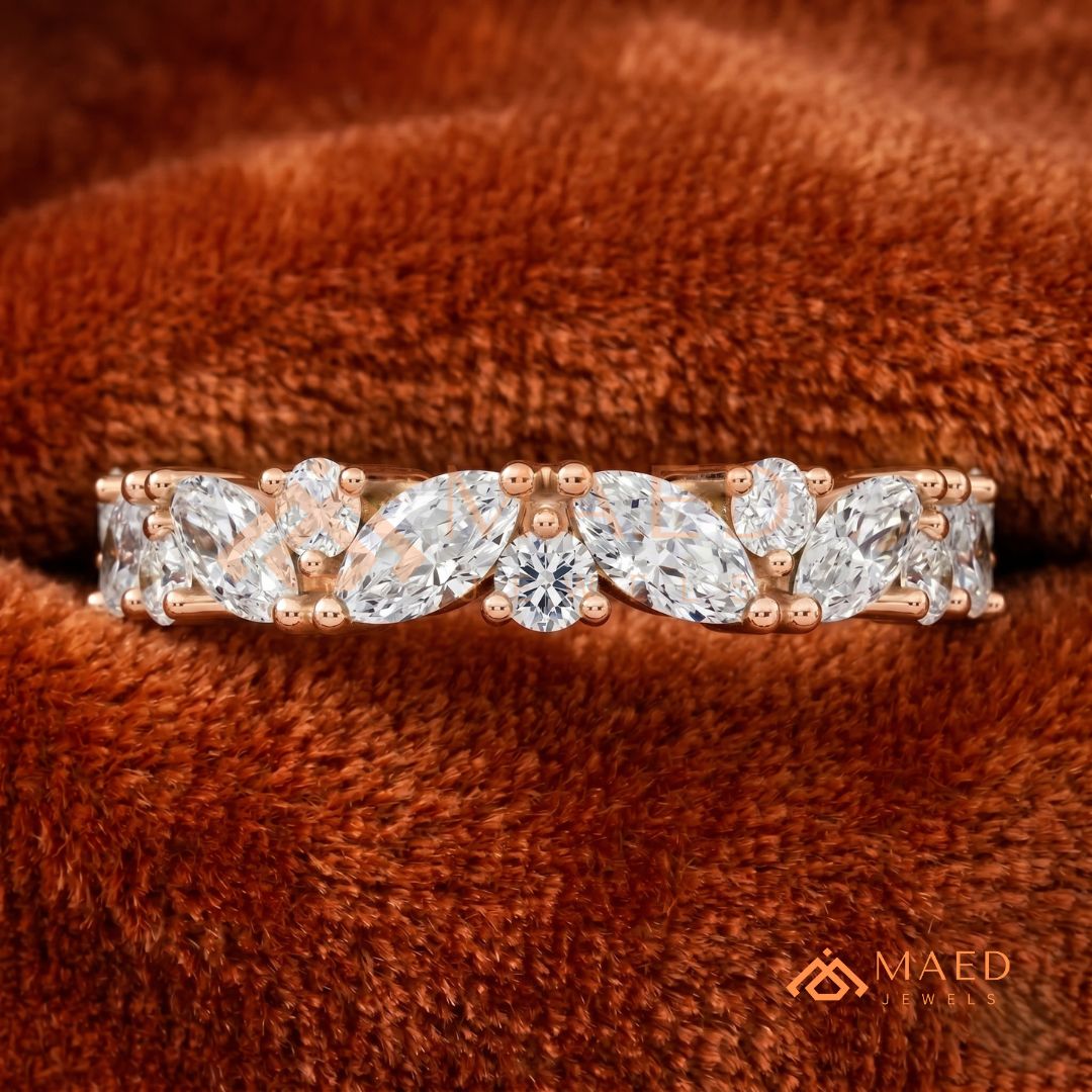 Marquise Diamond Cluster Stackable Anniversary Band – Silver, Yellow & Rose Gold