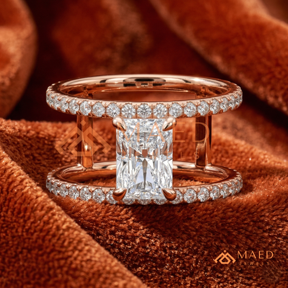 Radiant Cut Double Band Engagement Ring | Floating Open Spacer Pavé Cuff