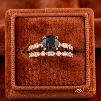 Maeve Round Cut Black Diamond Vintage Style Wedding Ring Set – Silver, 14K Yellow & Rose Gold
