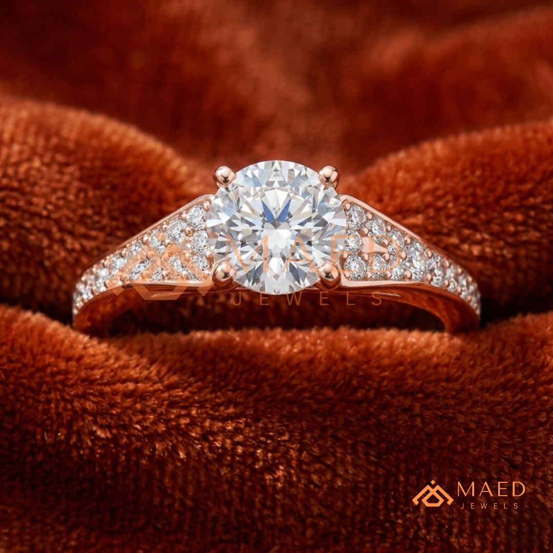 Round Cut Engagement Ring with Pavé Accents in 14K Gold, Rose Gold or Silver