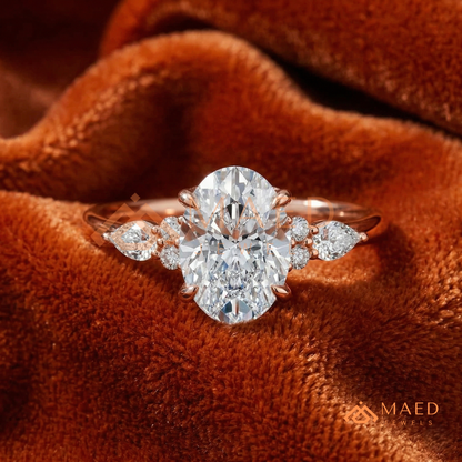 Oval Cut Cluster Engagement Ring | Pear & Round Side Stones in 14K Gold & Silver