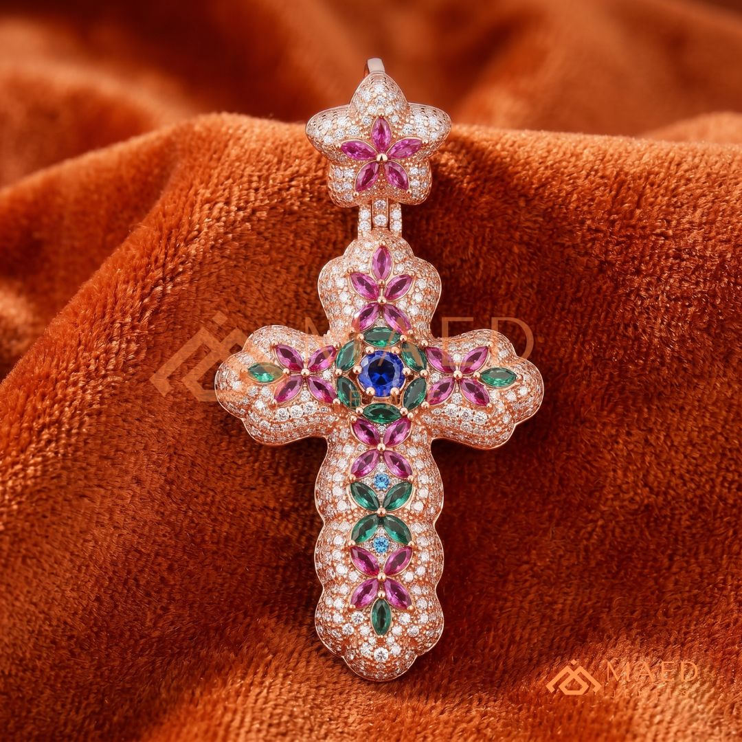 Iced Out Baroque Cross Statement Pendant with Pink & Green Stones