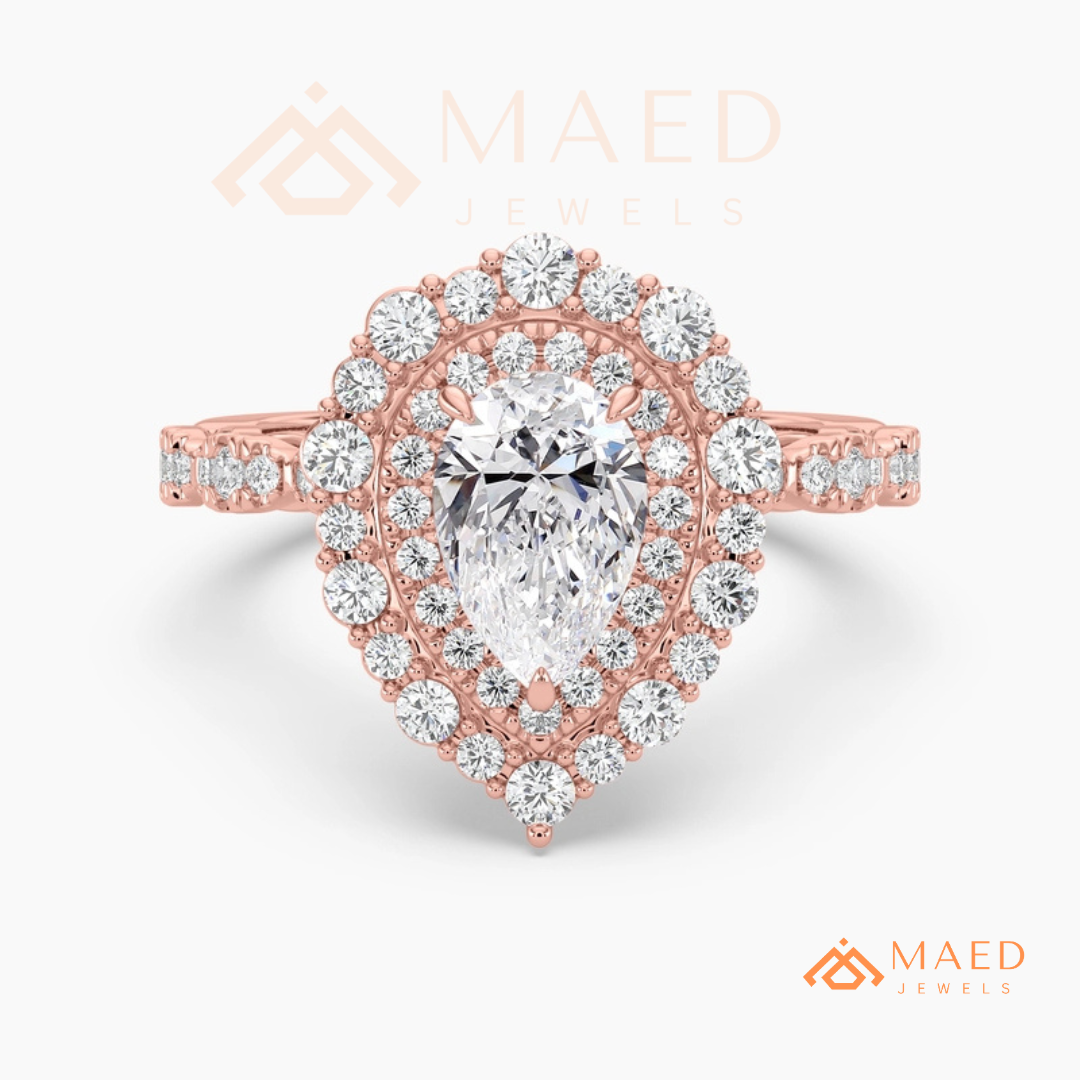 Vintage Pear Shaped Double Halo Engagement Ring with Pave Band in Silver, 14K Gold & Rose Gold