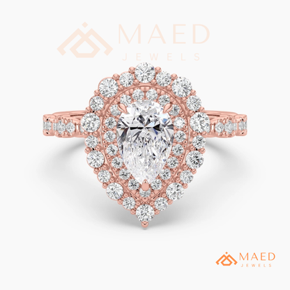 Vintage Pear Shaped Double Halo Engagement Ring with Pave Band in Silver, 14K Gold & Rose Gold