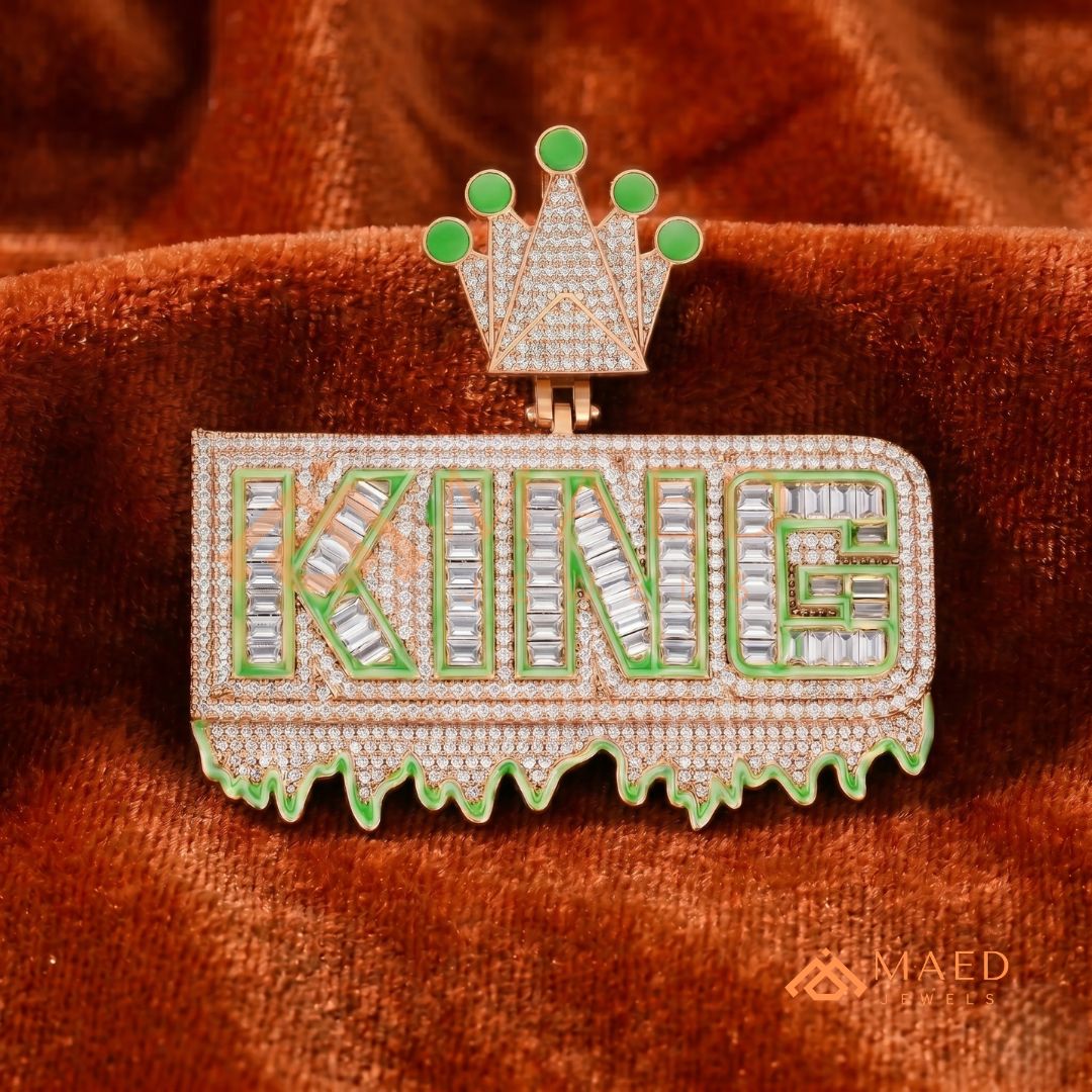"King" Drip Statement Pendant –  14K Gold, Rose Gold & Sterling Silver with Hand-Set VVS Stones & Enamel Accents