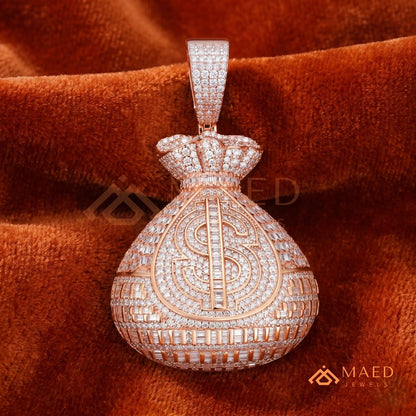 Fully Iced Out Money Bag Pendant – Baguette & Micro Pave Hip Hop Necklace