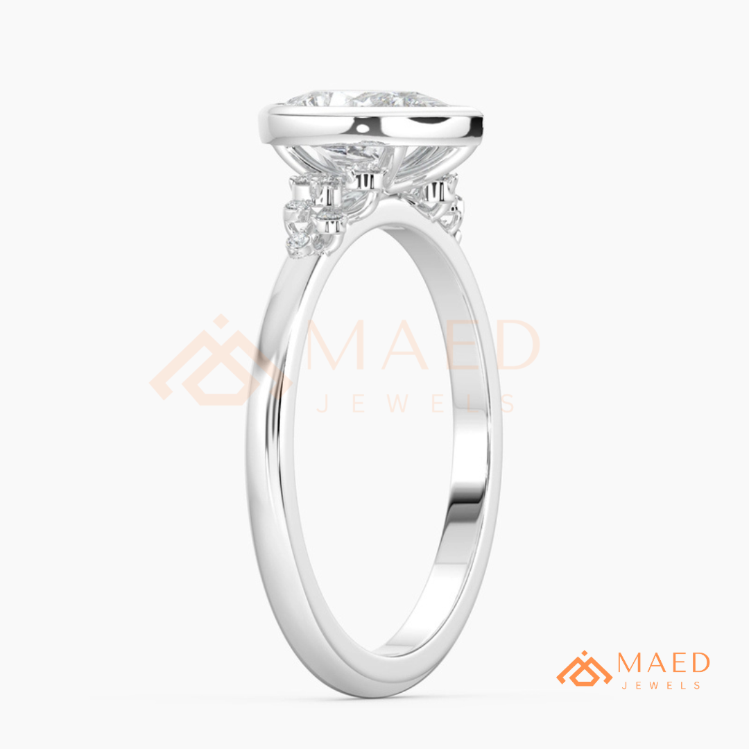 Pear Cut Bezel Set Engagement Ring with Cluster Accent Diamonds in 14K Gold, Rose Gold & Silver