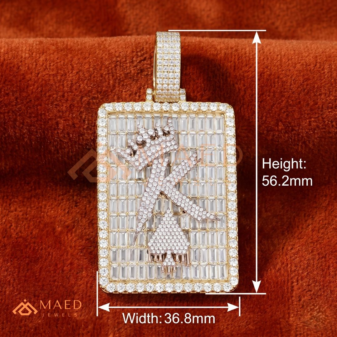 Iced Out King of Spades Dog Tag Pendant – 14K Gold, Rose Gold & Silver Baguette Custom "K" Charm