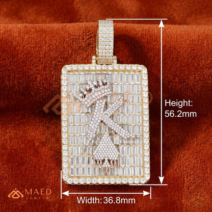 Iced Out King of Spades Dog Tag Pendant – 14K Gold, Rose Gold & Silver Baguette Custom "K" Charm