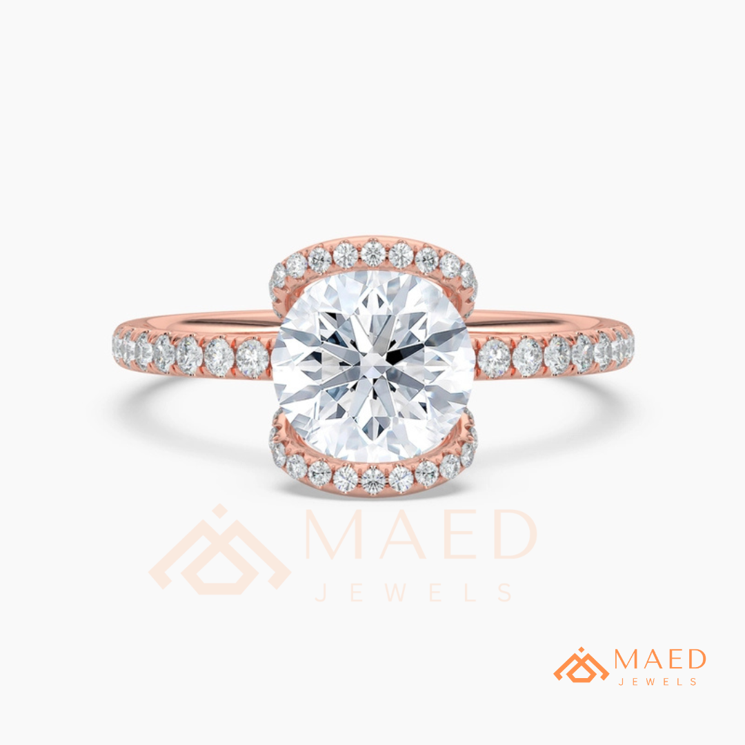 Modern Round Cut Open Arc Halo Engagement Ring in 14K Gold, Rose Gold & Silver